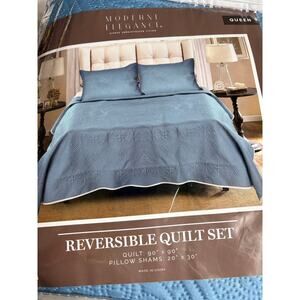 Modern Elegance Queen Reversible Quilt Set Blue NEW
